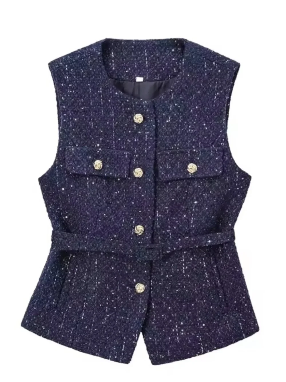 Women Sequin Blue Vest New Fashion With Belt Vests for Women Summer Sleeveless